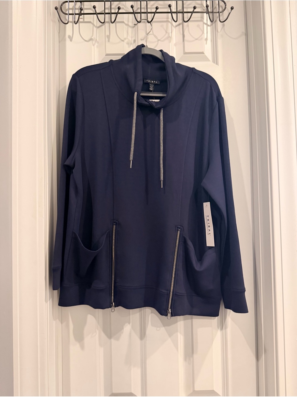 Tribal Navy Drawcord Funnel-Neck Utility Jacket with Front Zips